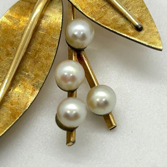 Vintage Krementz Brooch Pin Gold-Tone Leaf & Faux Pearl Floral 1.5 inch - Picture 10 of 16
